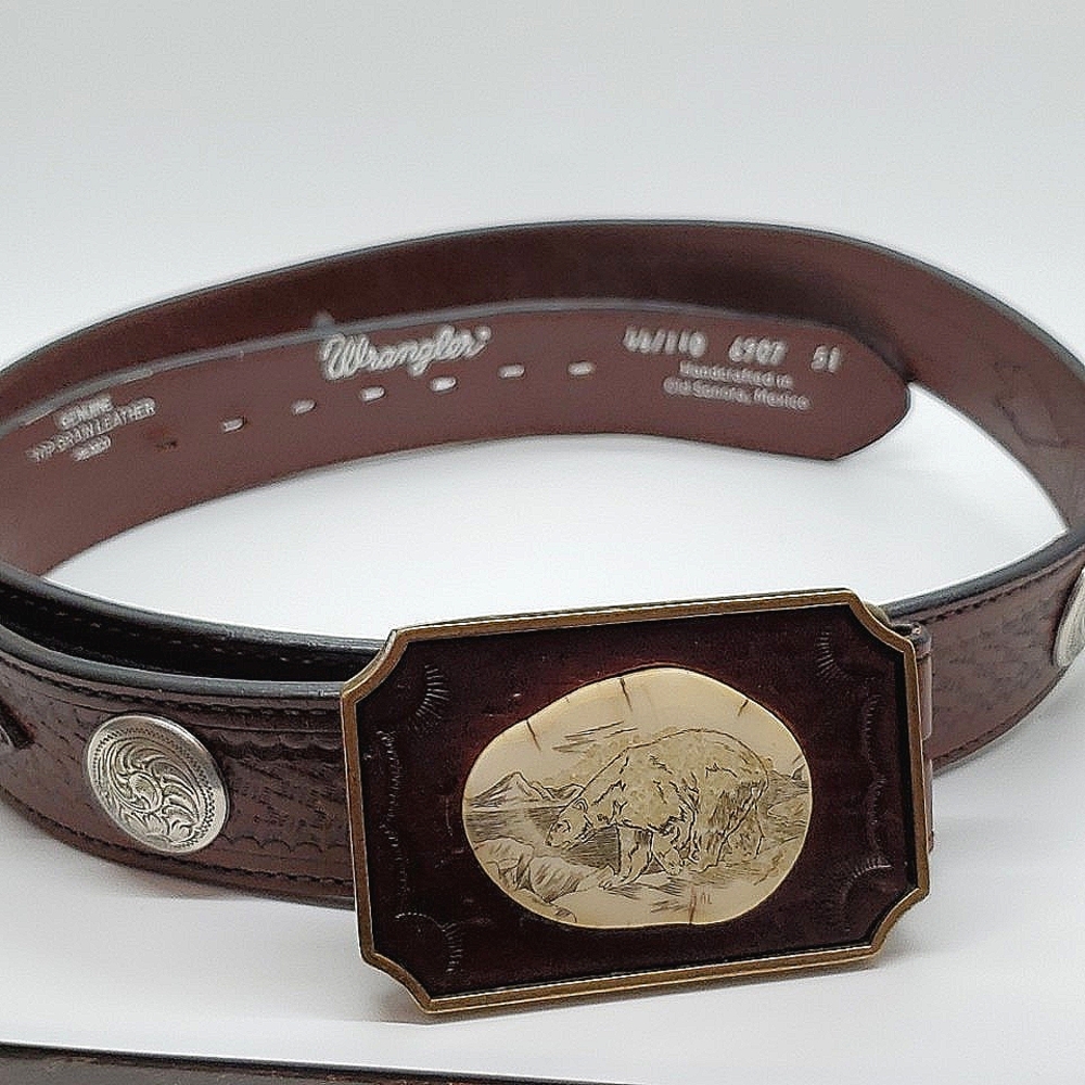 1978 BTS Brass Mountain Bear Belt Buckle & Wrangler Leather Belt